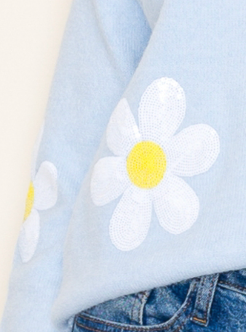 Skyblue Sequin Daisy Crewneck Sweater