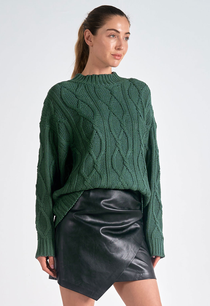 Elan Cableknit Evergreen Crewneck Sweater