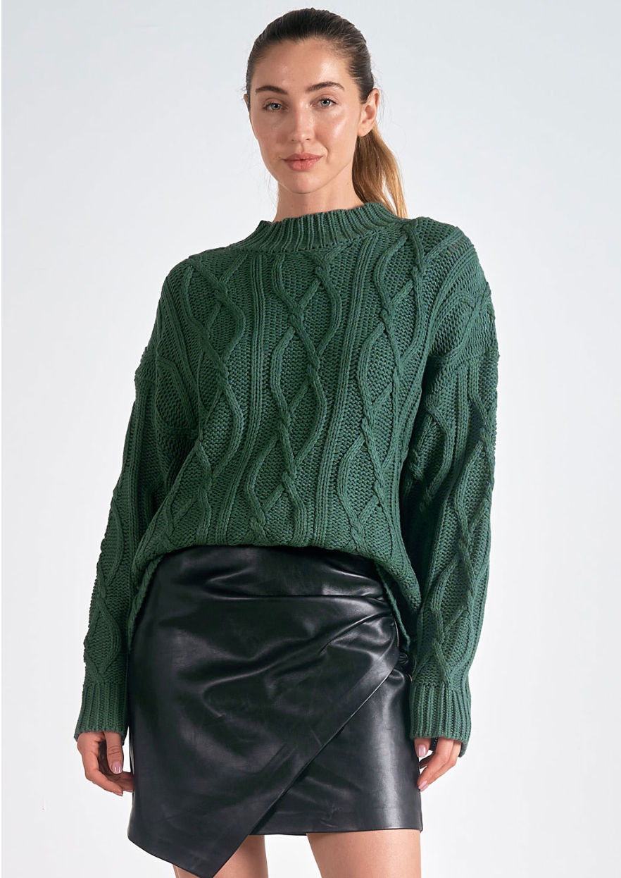 Elan Cableknit Evergreen Crewneck Sweater