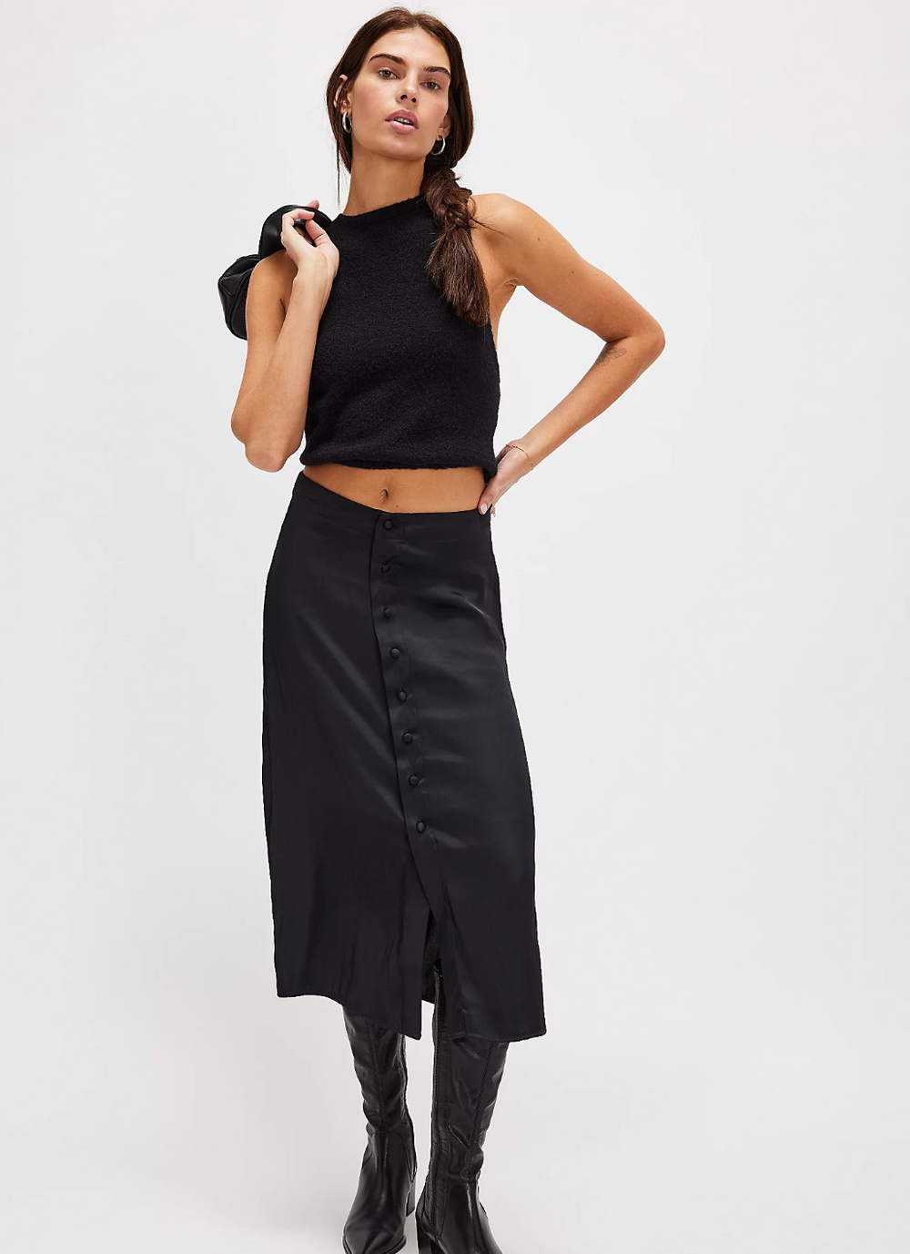 Free People Analise Satin Black Midi Skirt