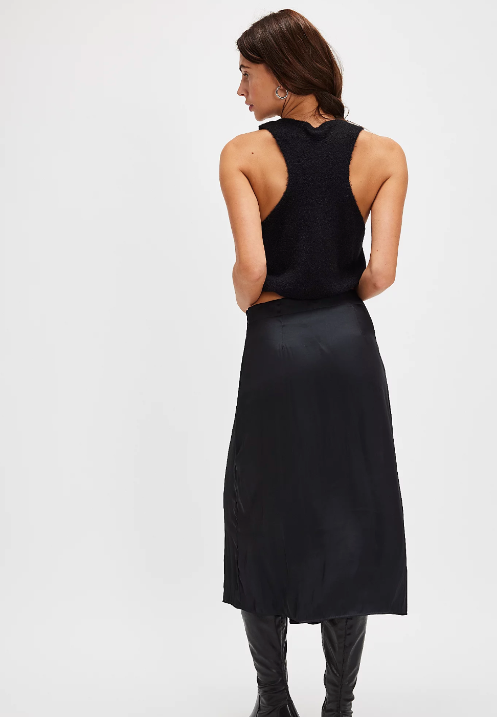 Free People Analise Satin Black Midi Skirt