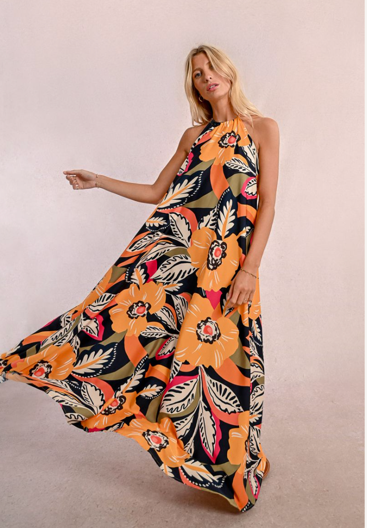 Tropical Print Halter Maxi Dress