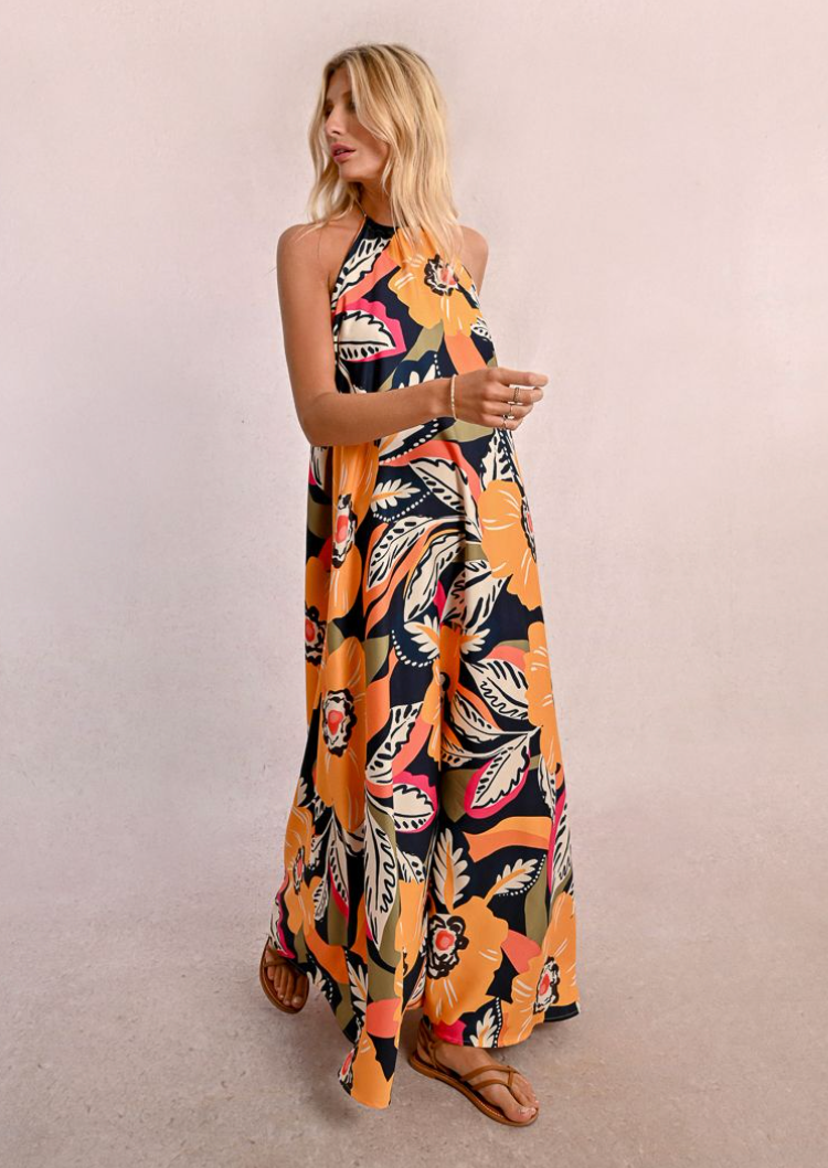Tropical Print Halter Maxi Dress