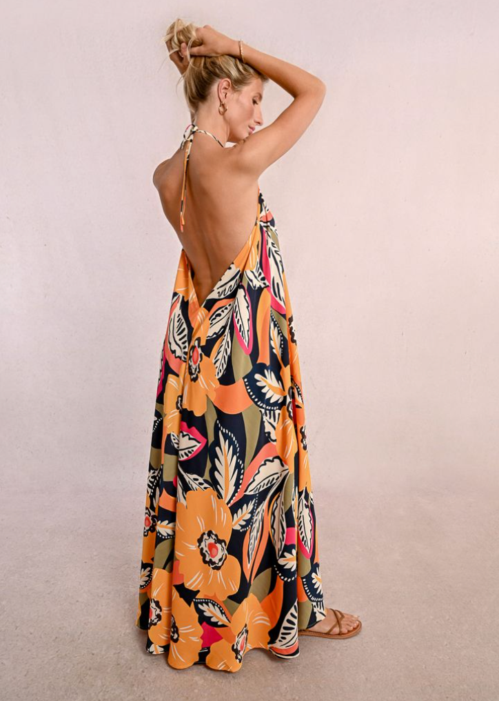 Tropical Print Halter Maxi Dress