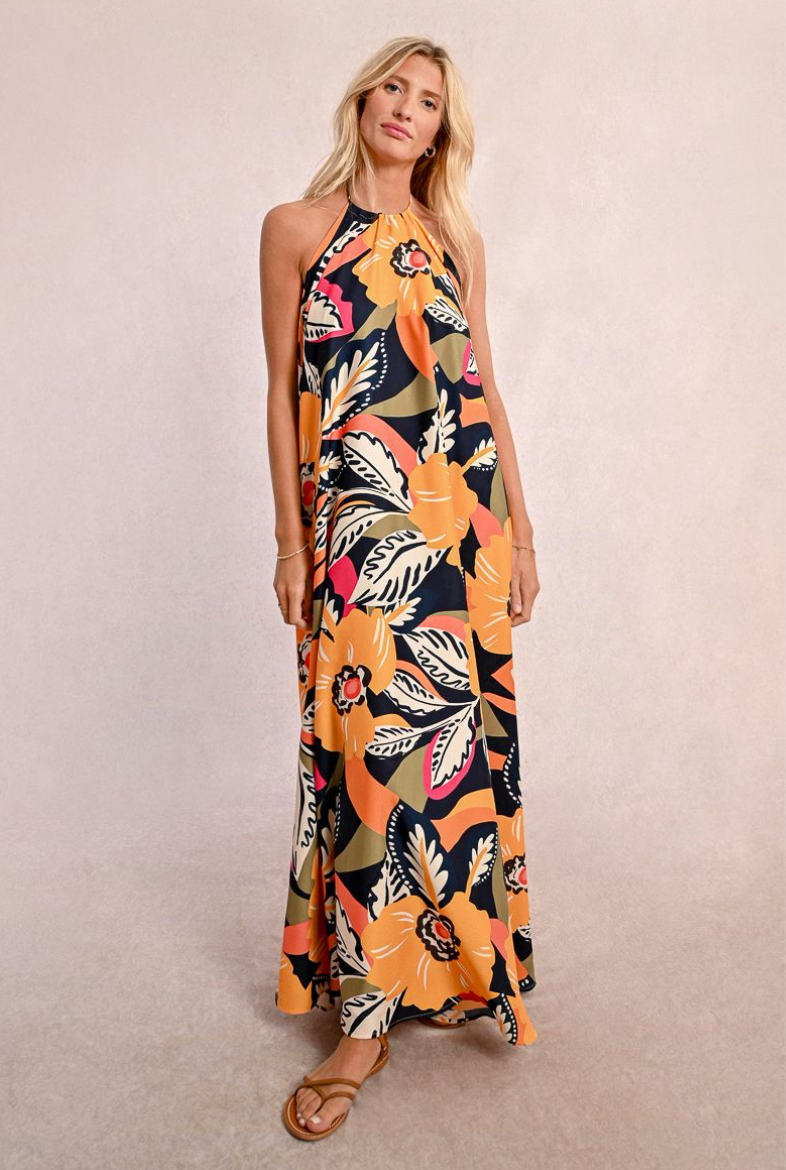 Tropical Print Halter Maxi Dress