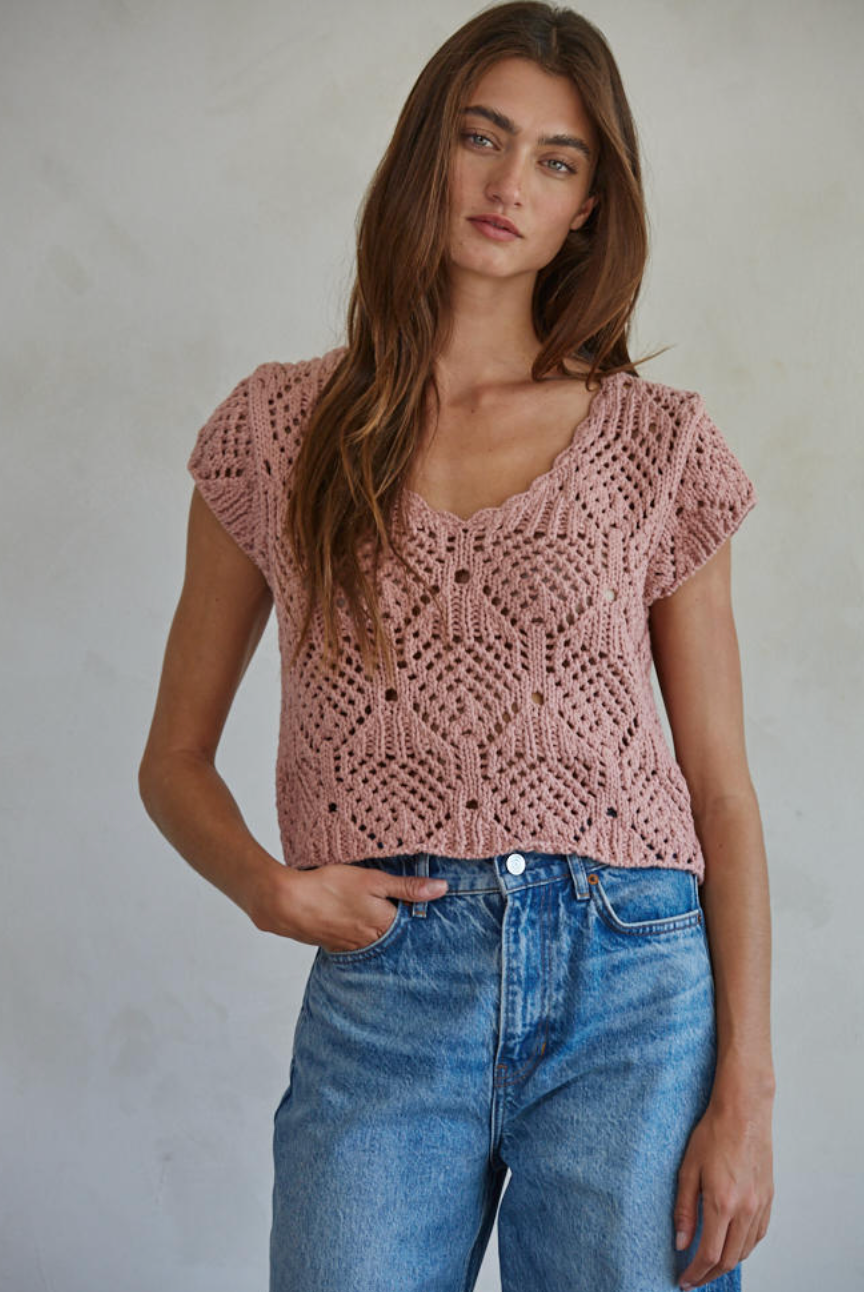 ニット・セーター HUECLOSET Openwork Short Sleeve Collar Knit 25KERO425 Kendra Crochet Short Sleeve Sweater Top – Shol's boutique