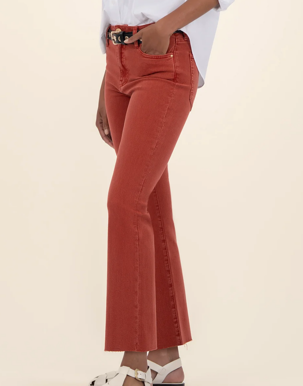 Kelsey High Rise Ankle Flare Denim in Paprika