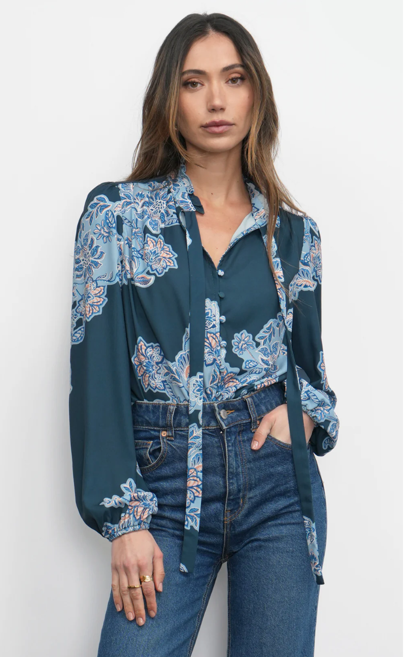 Cierra Button Up Tie Neck Floral Blouse