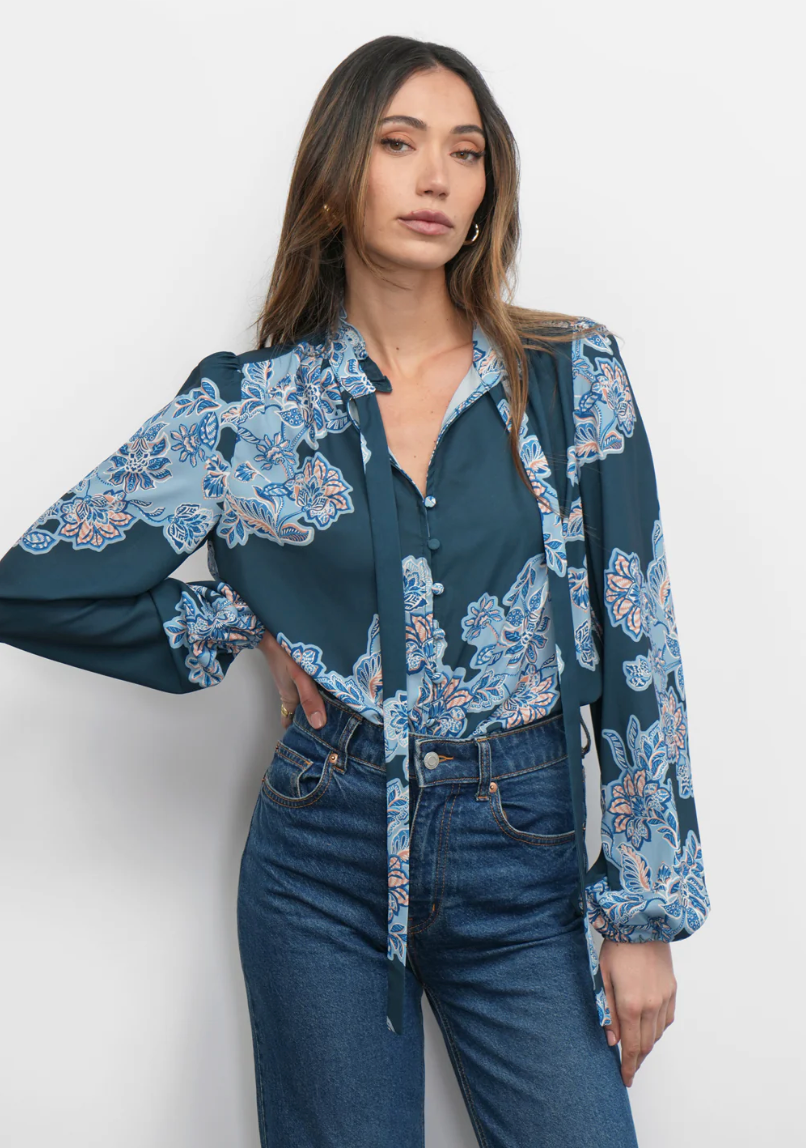 Cierra Button Up Tie Neck Floral Blouse