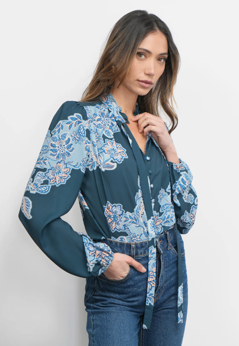 Cierra Button Up Tie Neck Floral Blouse