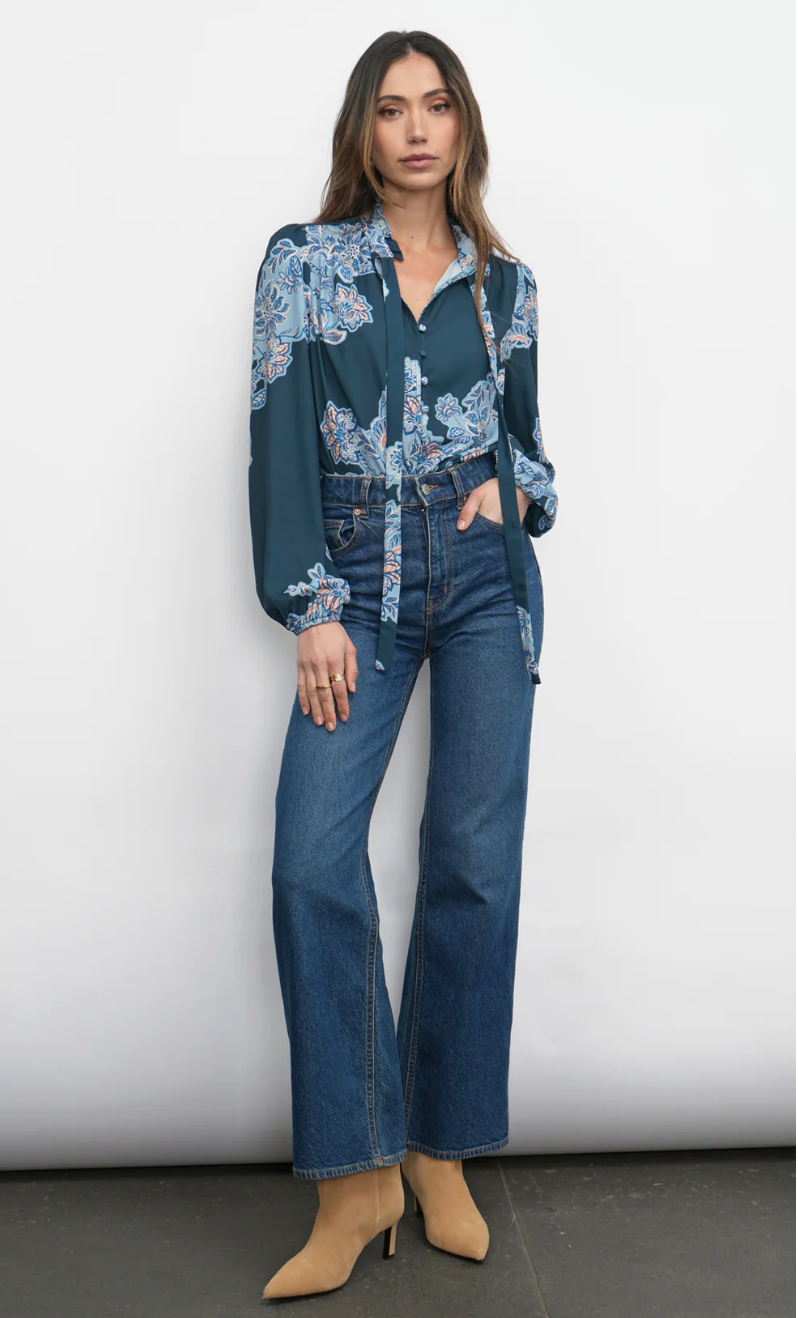 Cierra Button Up Tie Neck Floral Blouse