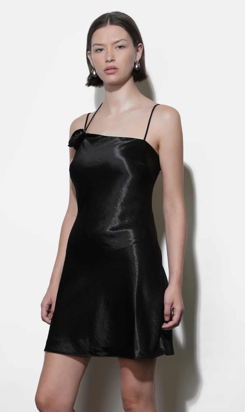 Greylin Floris Rosette One Shoulder Black Mini Satin Dress
