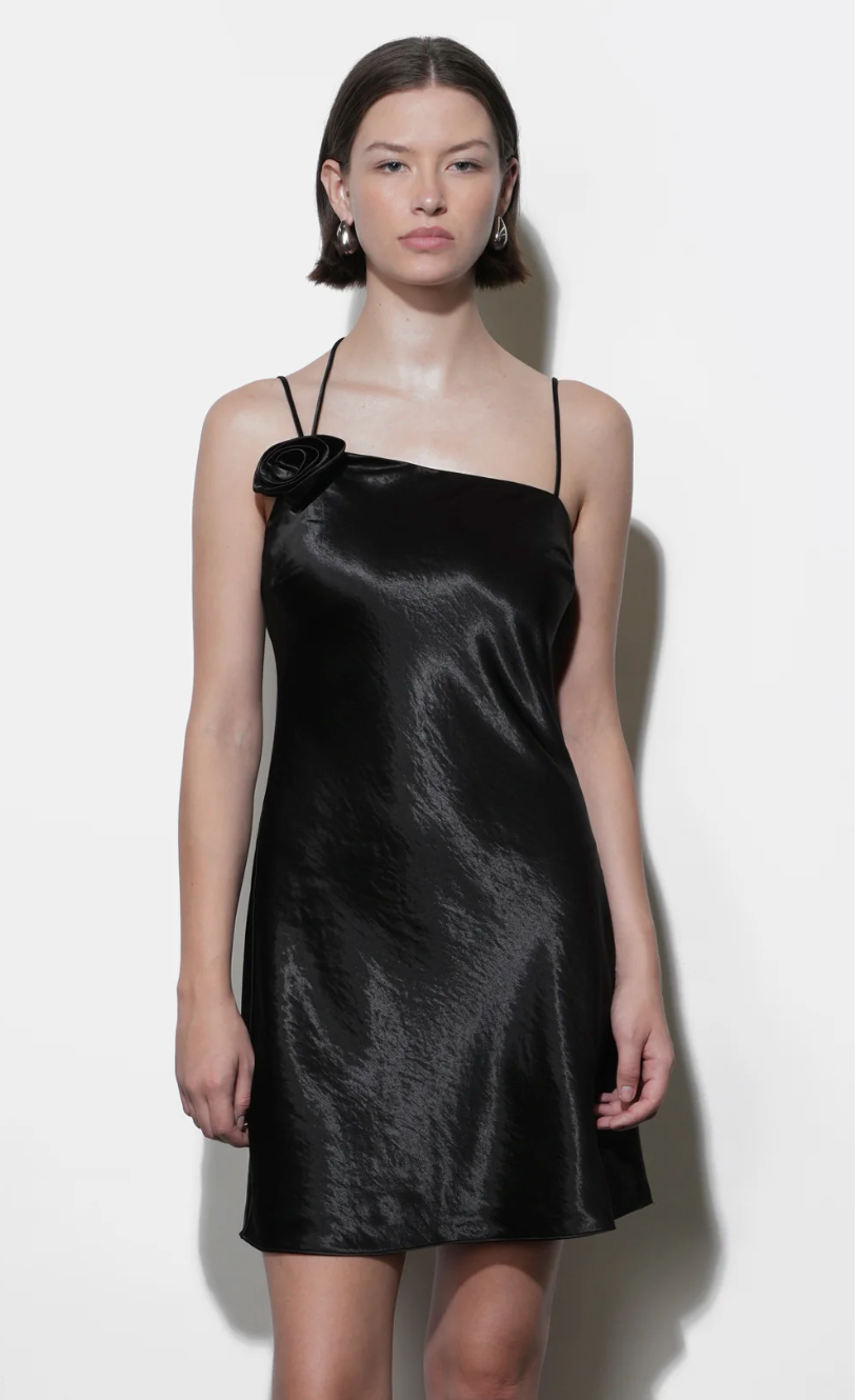 Greylin Floris Rosette One Shoulder Black Mini Satin Dress