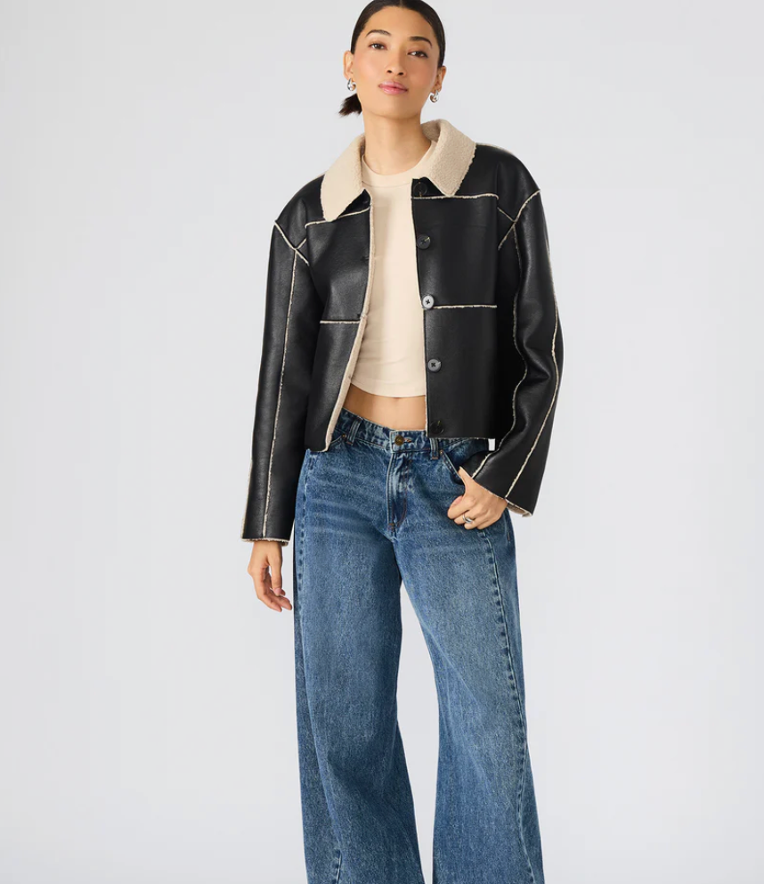 Steve Madden Tilia Black Vegan Leather Sherpa Coat