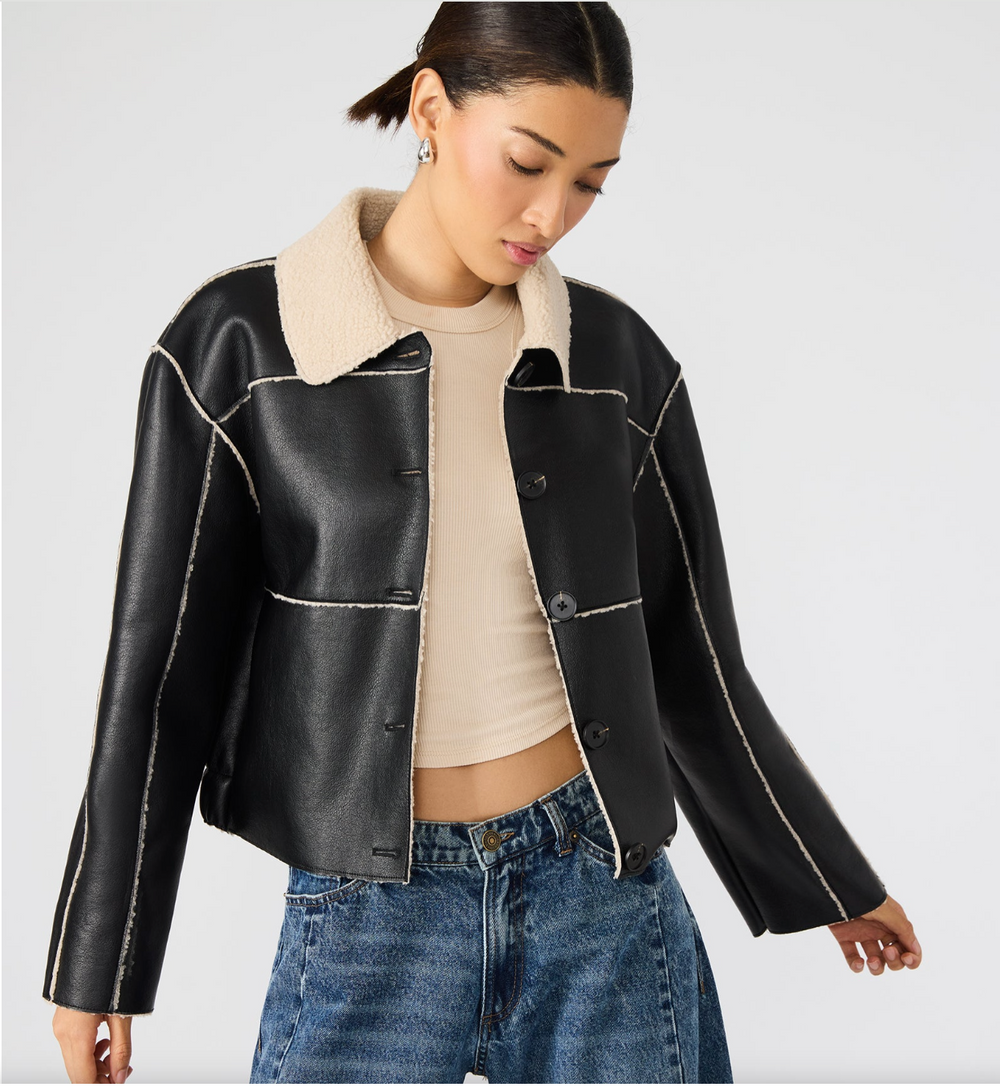 Steve Madden Tilia Black Vegan Leather Sherpa Coat