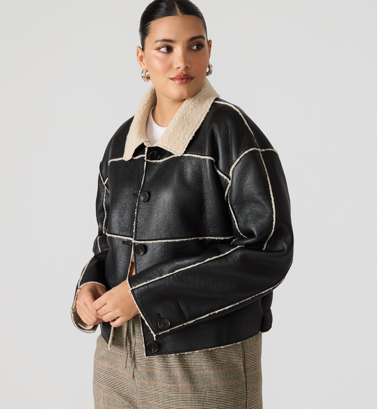 Steve Madden Tilia Black Vegan Leather Sherpa Coat