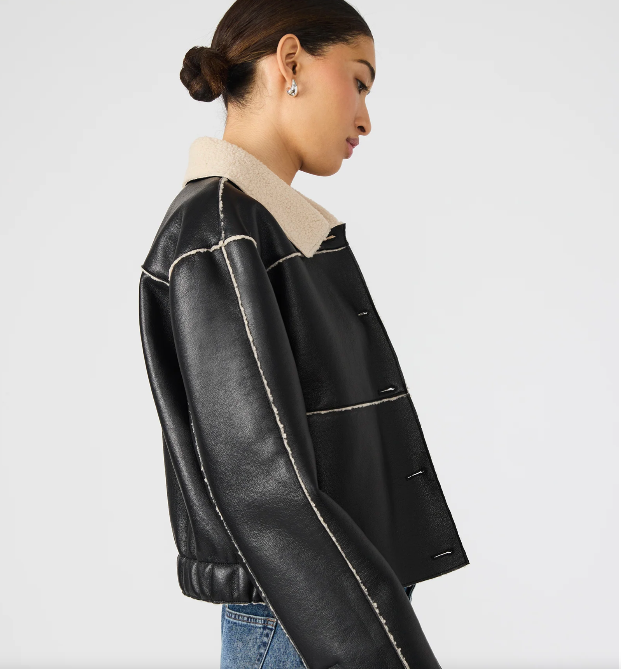 Steve Madden Tilia Black Vegan Leather Sherpa Coat