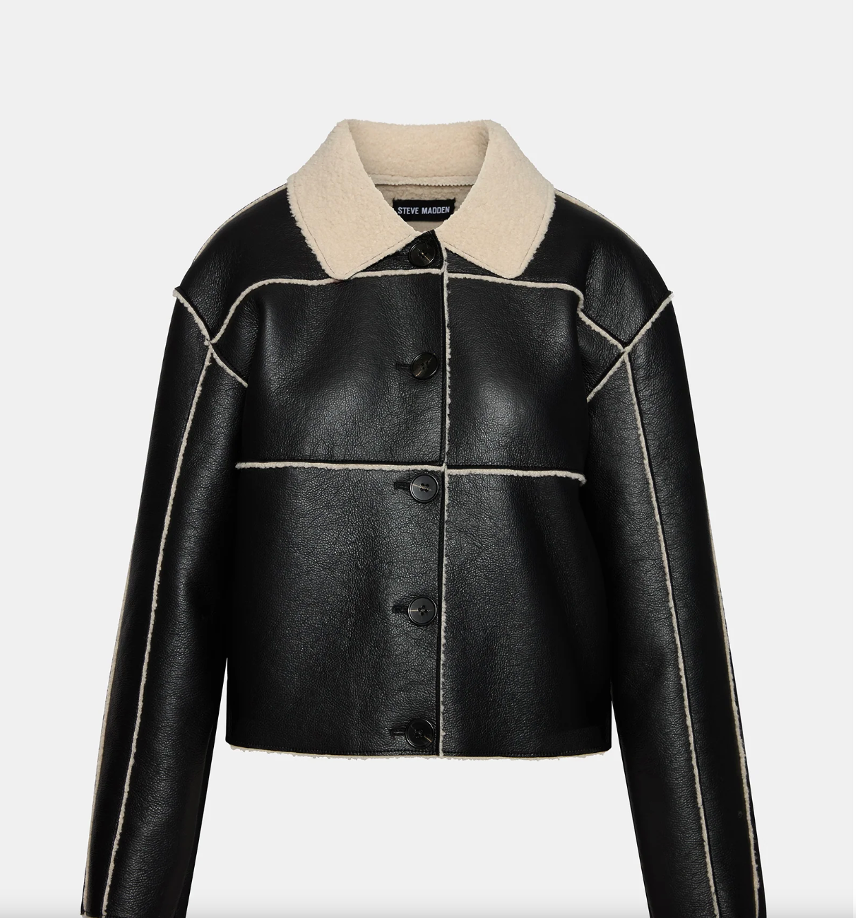 Steve Madden Tilia Black Vegan Leather Sherpa Coat