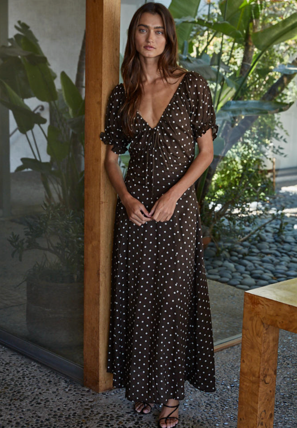 Brown Polka Dot Midi Dress