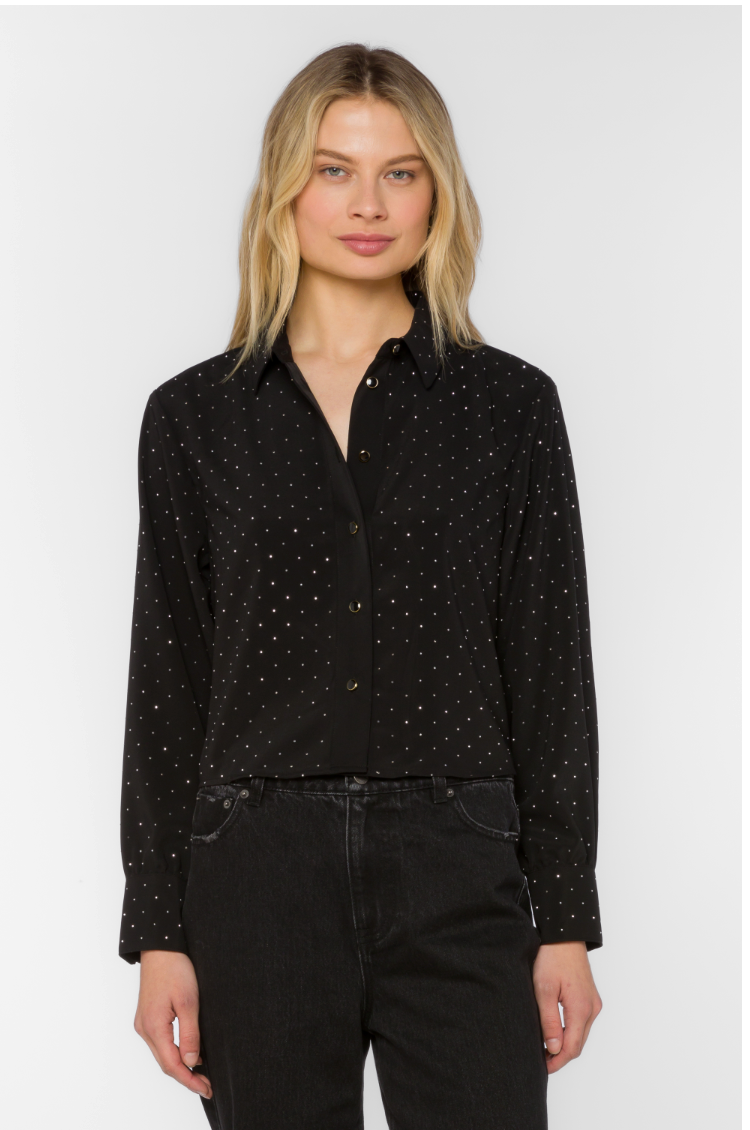 Lilith Satin Rhinestone Cropped Button Down Shirt