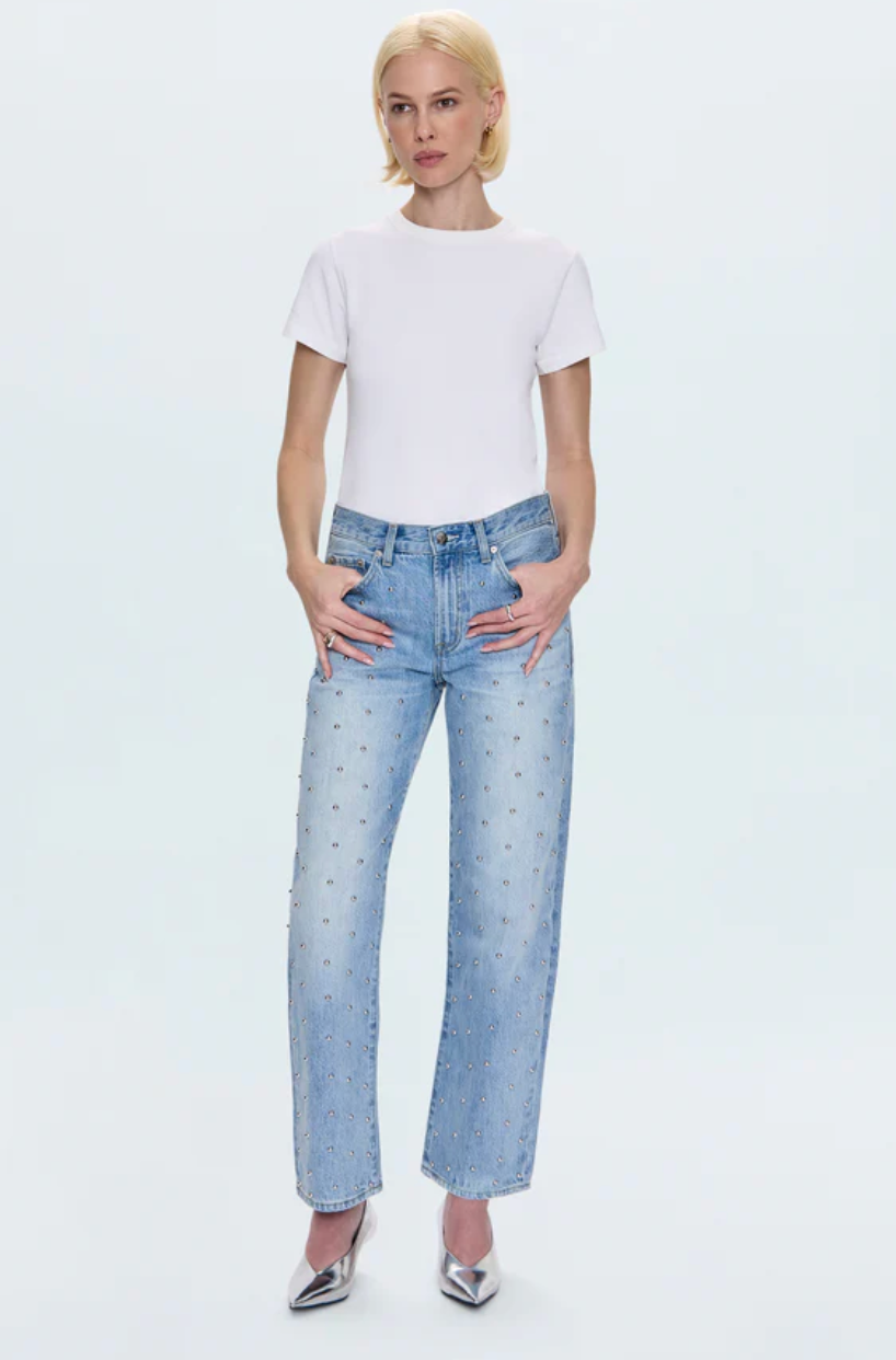 Lexi Pistola Mid Rise Bowed Studded Denim Jeans