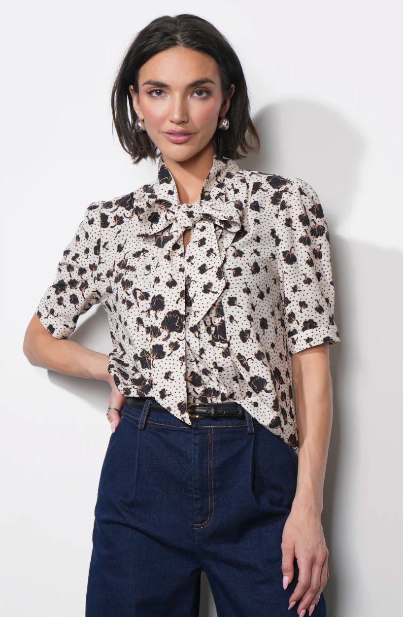 Delilah Scarf Neck Short Puff Sleeve Printed blouse