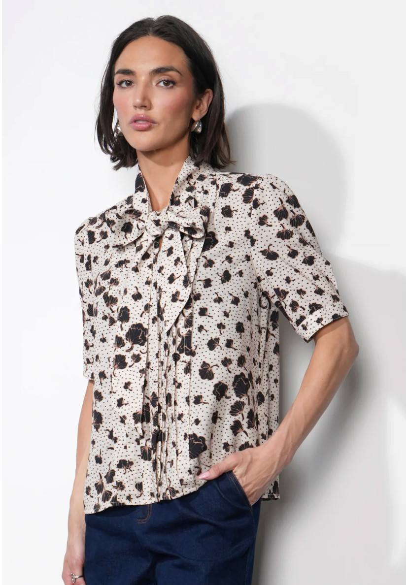 Delilah Scarf Neck Short Puff Sleeve Printed blouse
