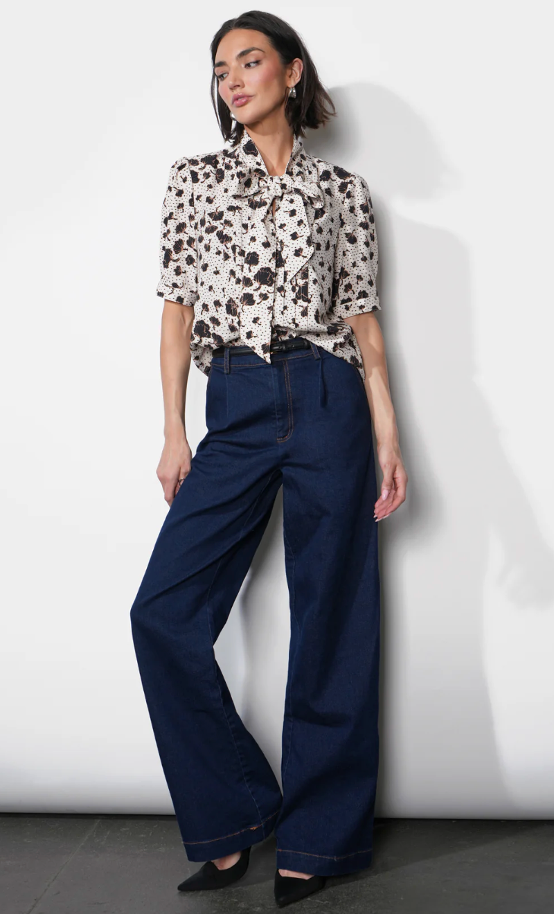 Delilah Scarf Neck Short Puff Sleeve Printed blouse