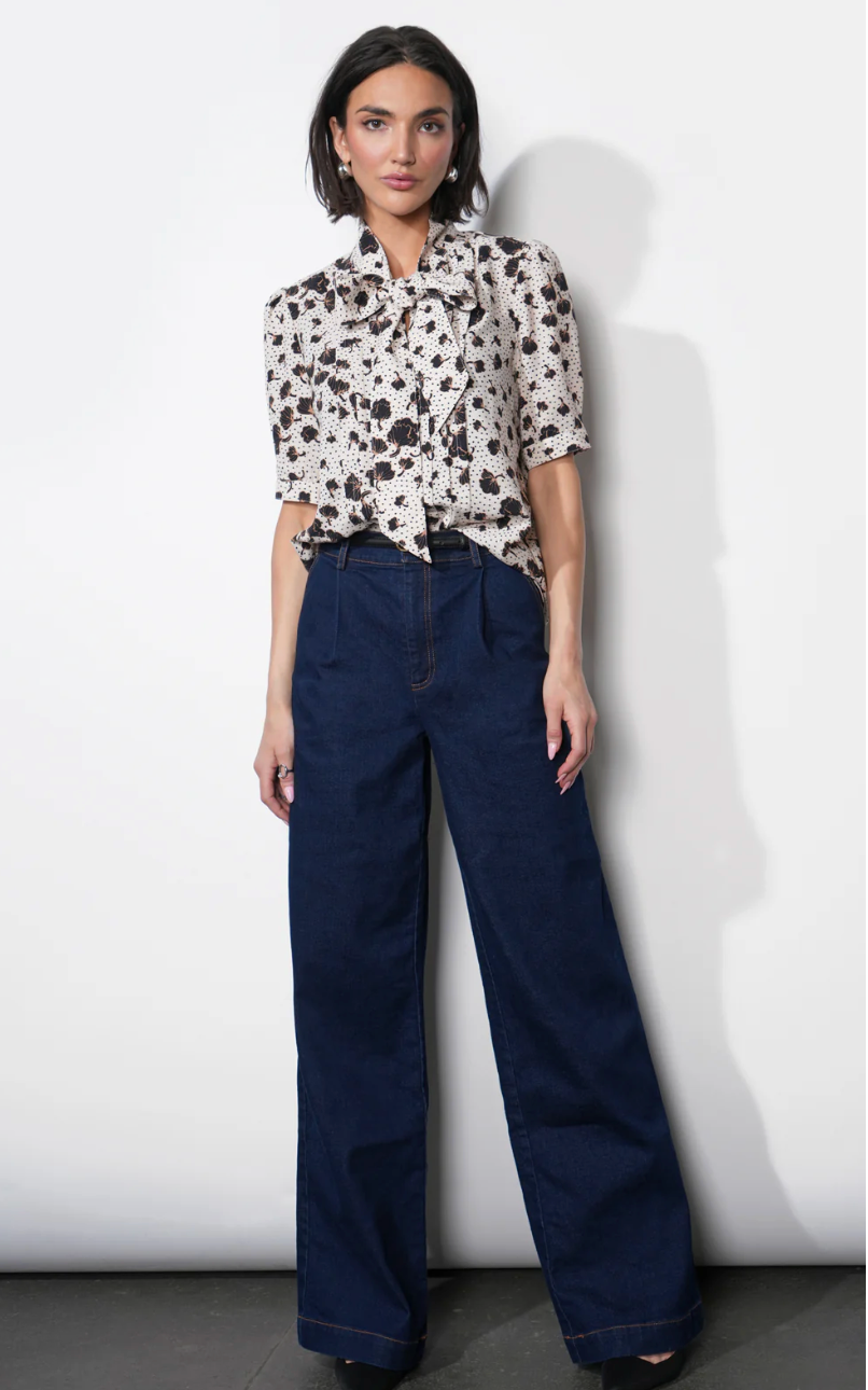 Delilah Scarf Neck Short Puff Sleeve Printed blouse