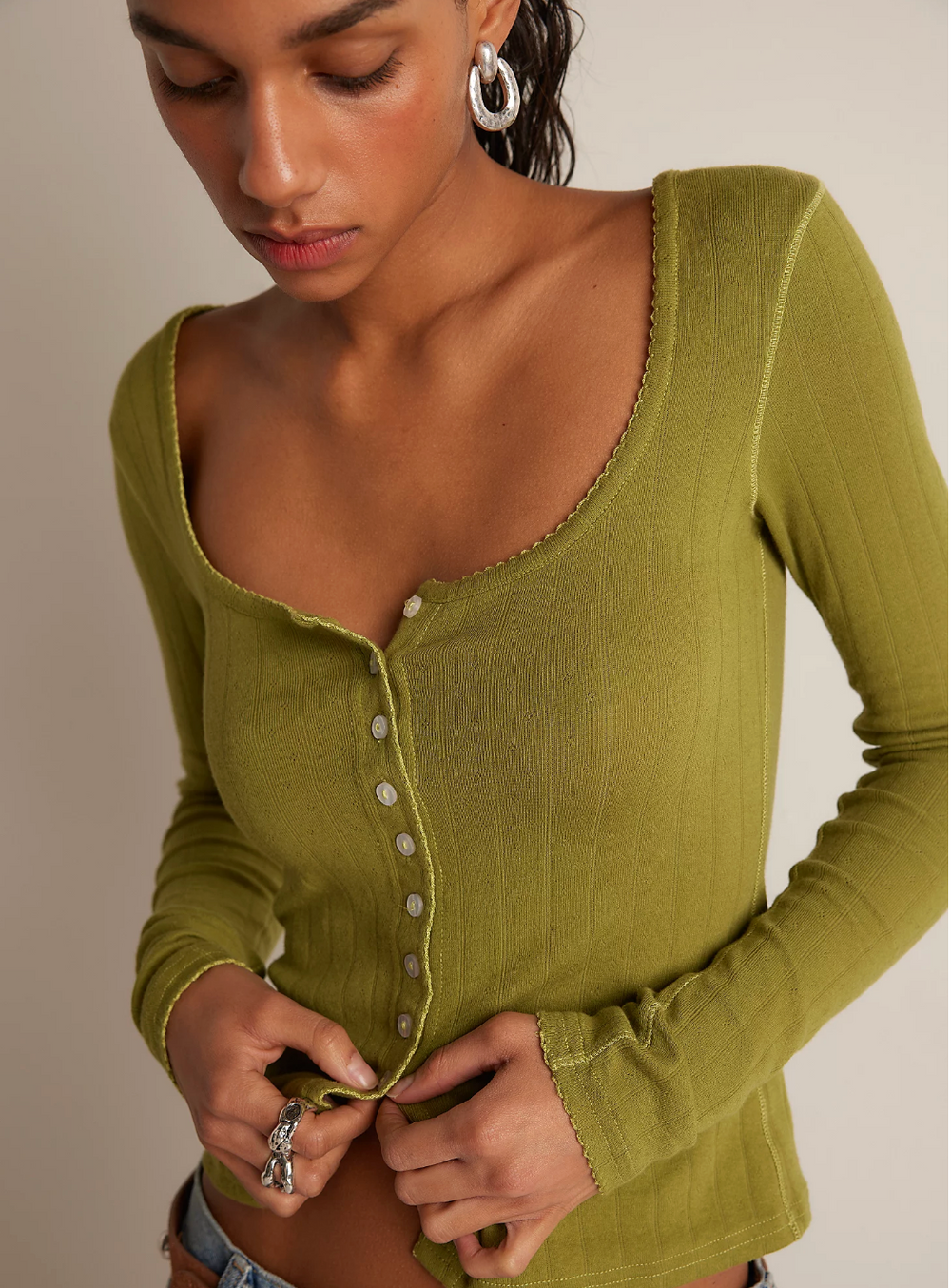 Free People End Game Pointelle Long Sleeve tee in Black or Sprouts Green