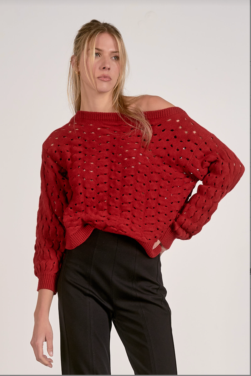 Adrienne Red Crochet Off the Shoulder Sweater