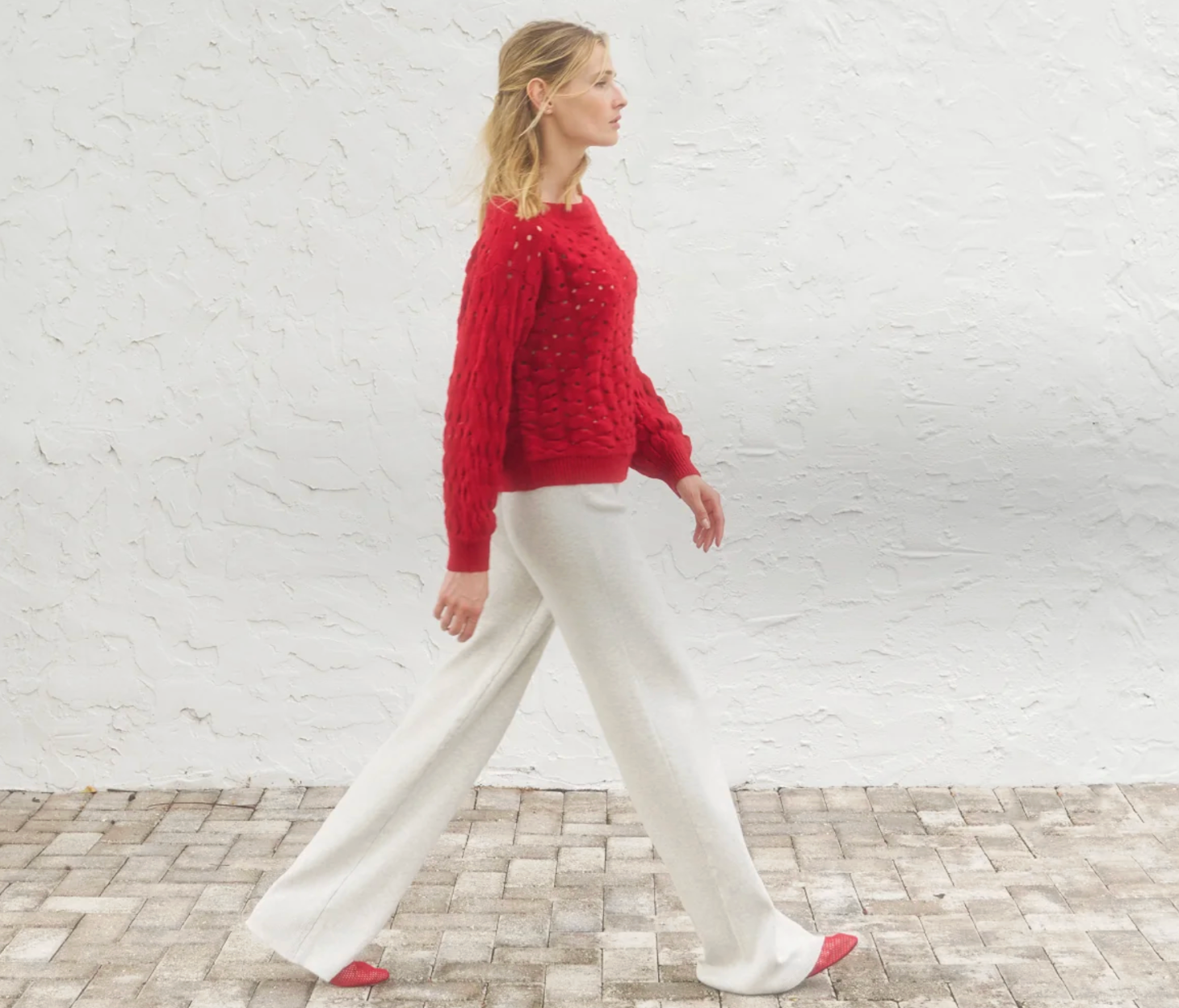 Adrienne Red Crochet Off the Shoulder Sweater