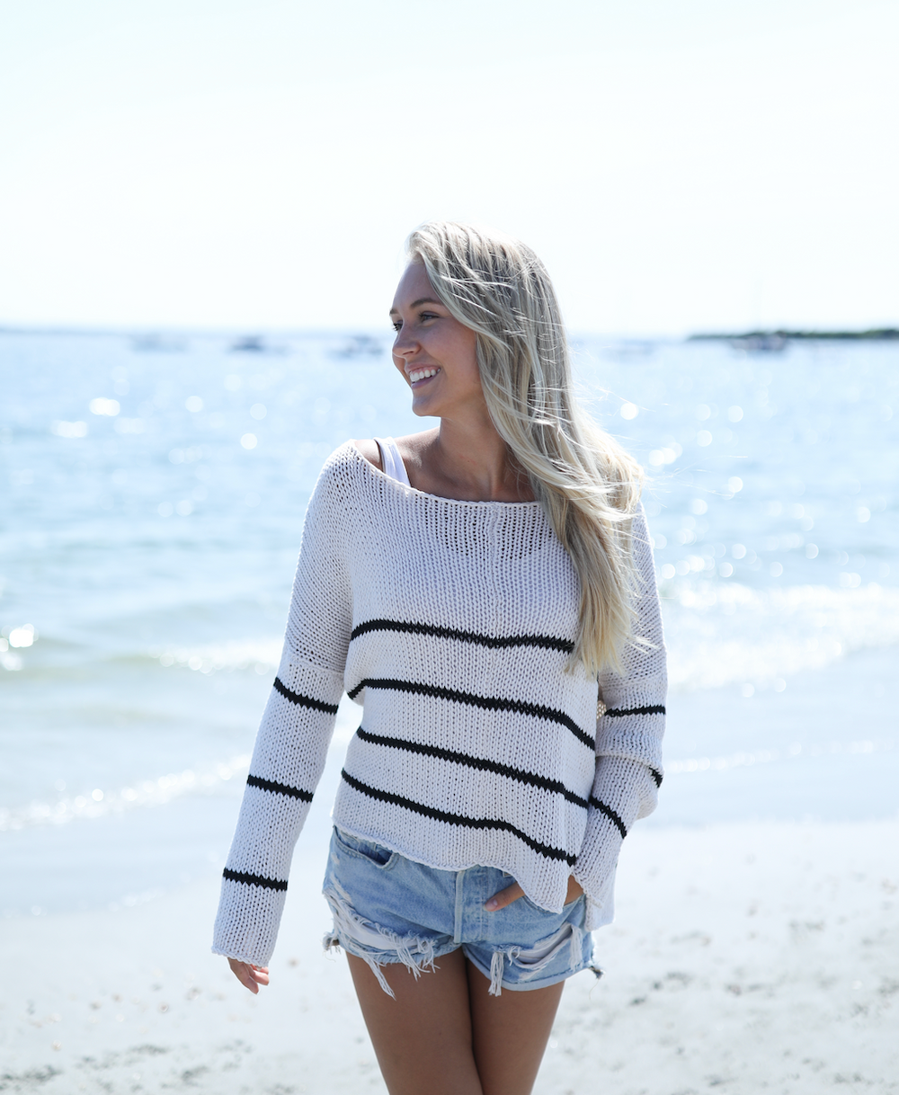 Wooden ships Key West Striped Chunky Crew Sweater in Almond Butter & Black
