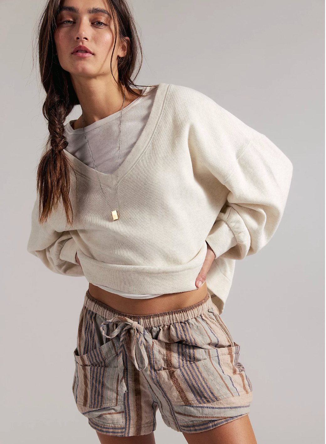 Free People Good Fortune Stripe Shorts in Washed Blue
