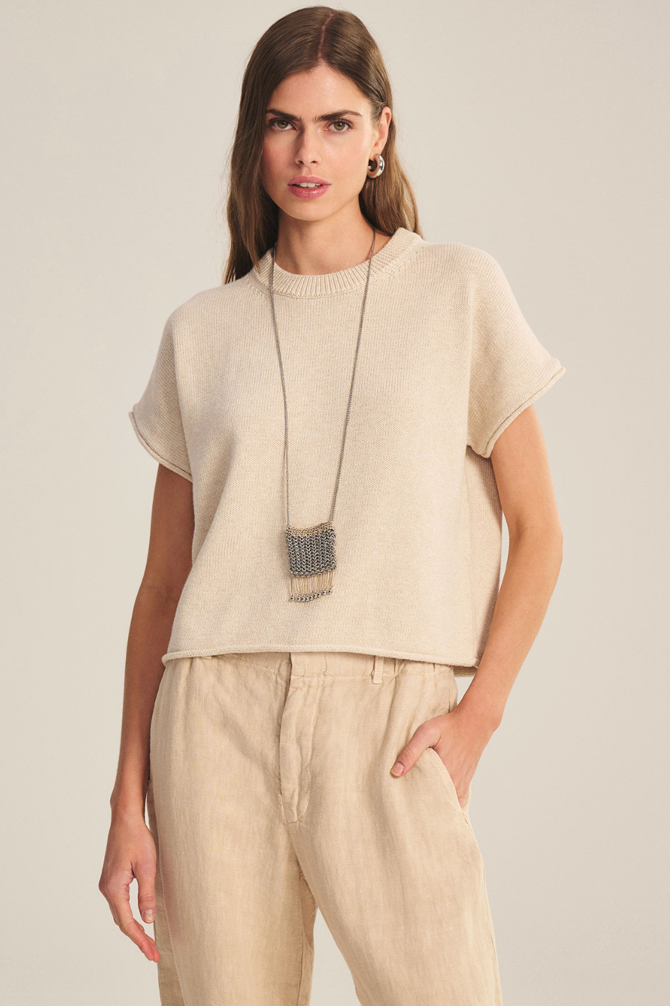 Velvet by Graham & Spencer Short Sleeve KEENY Sweater in Oat