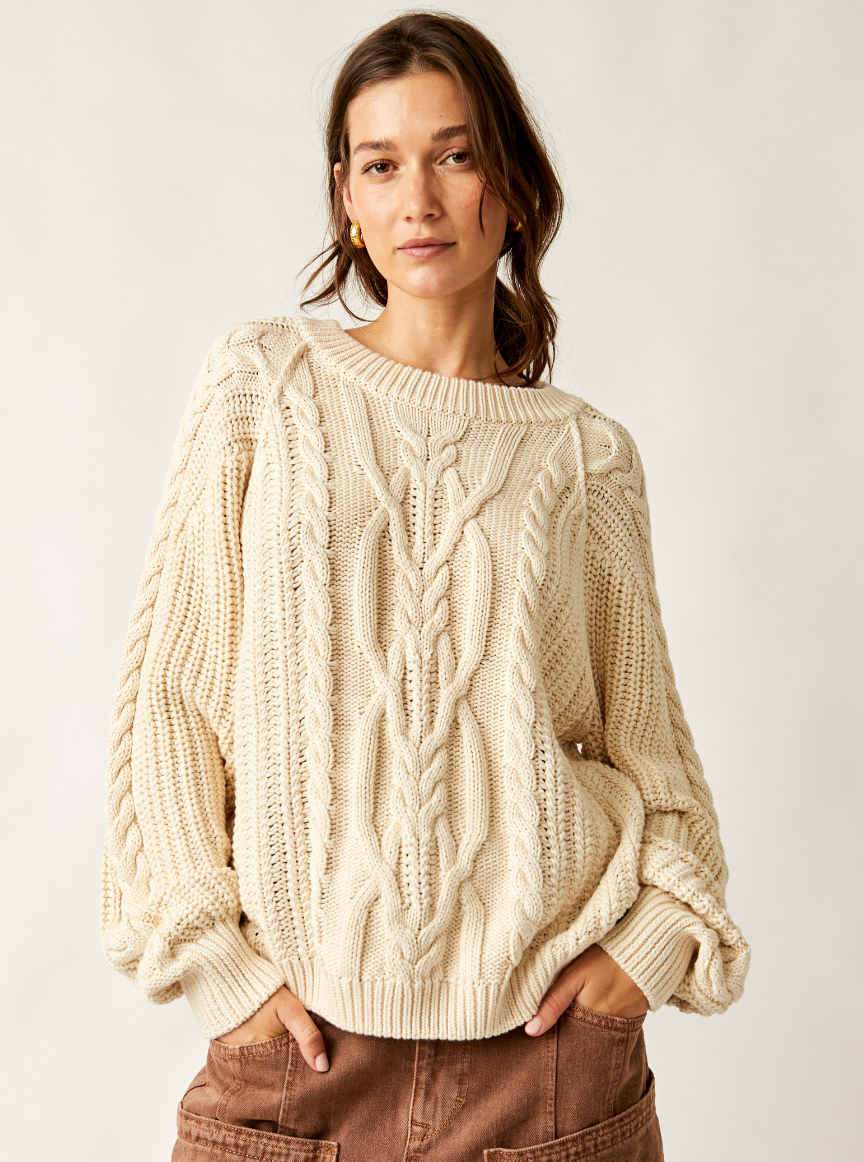 Free People Frankie Cable Knit Cotton Crewneck Sweater in Ivory