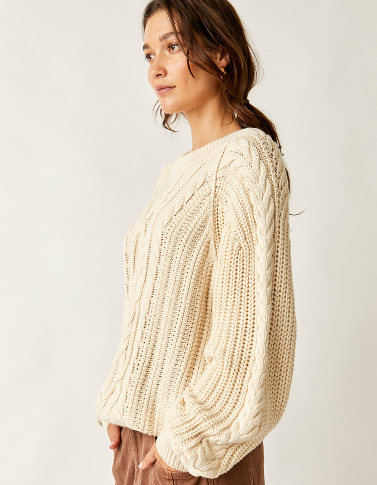 Free People Frankie Cable Knit Cotton Crewneck Sweater in Ivory