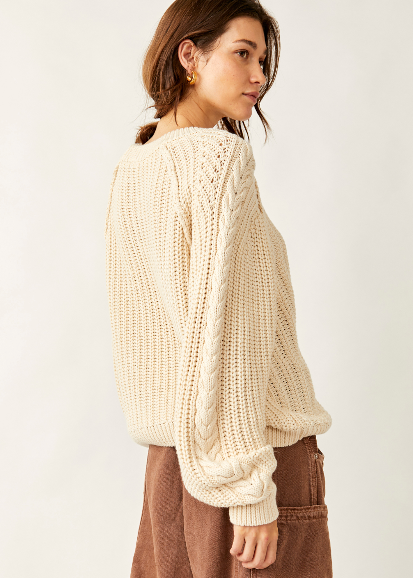 Free People Frankie Cable Knit Cotton Crewneck Sweater in Ivory