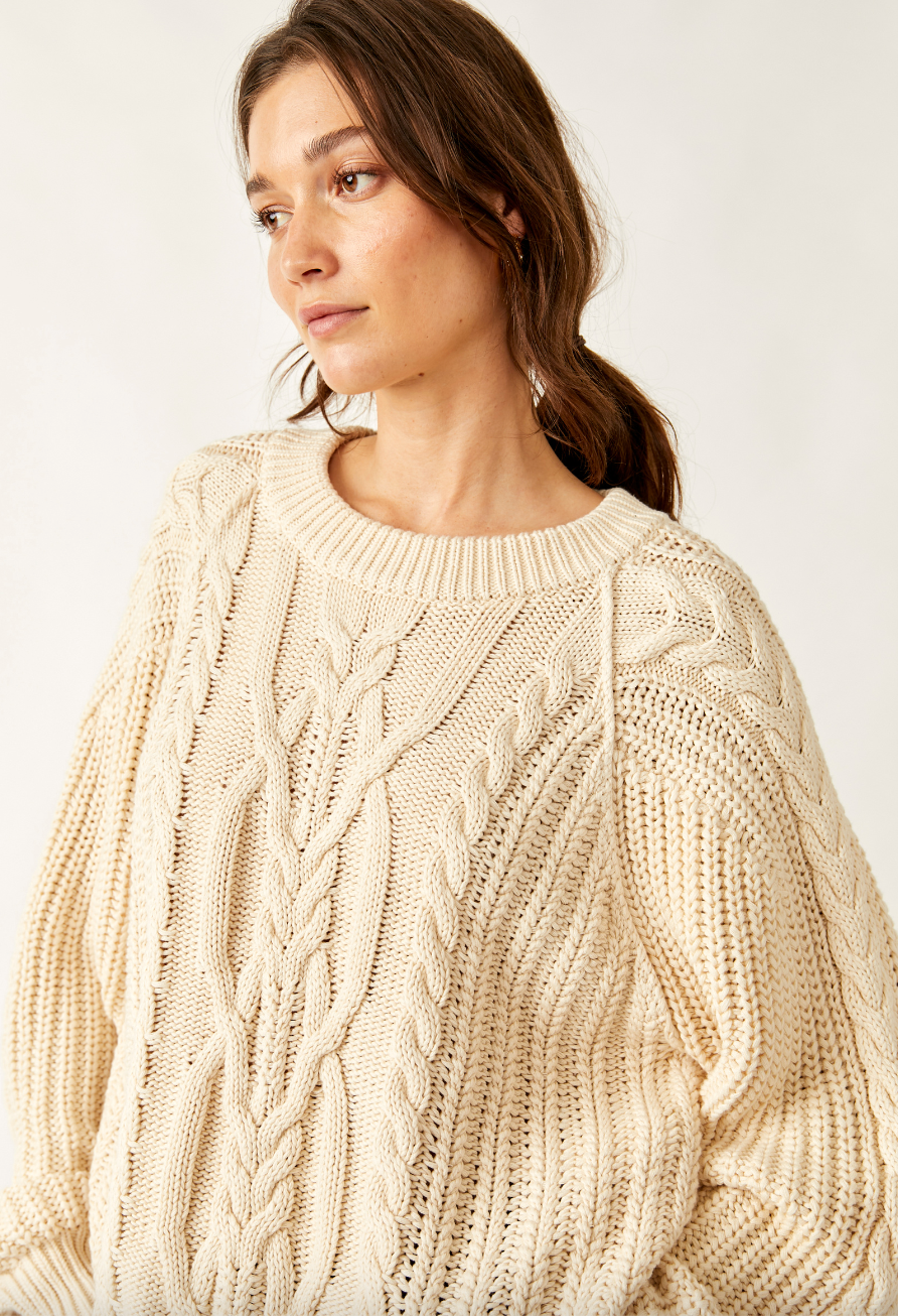 Free People Frankie Cable Knit Cotton Crewneck Sweater in Ivory