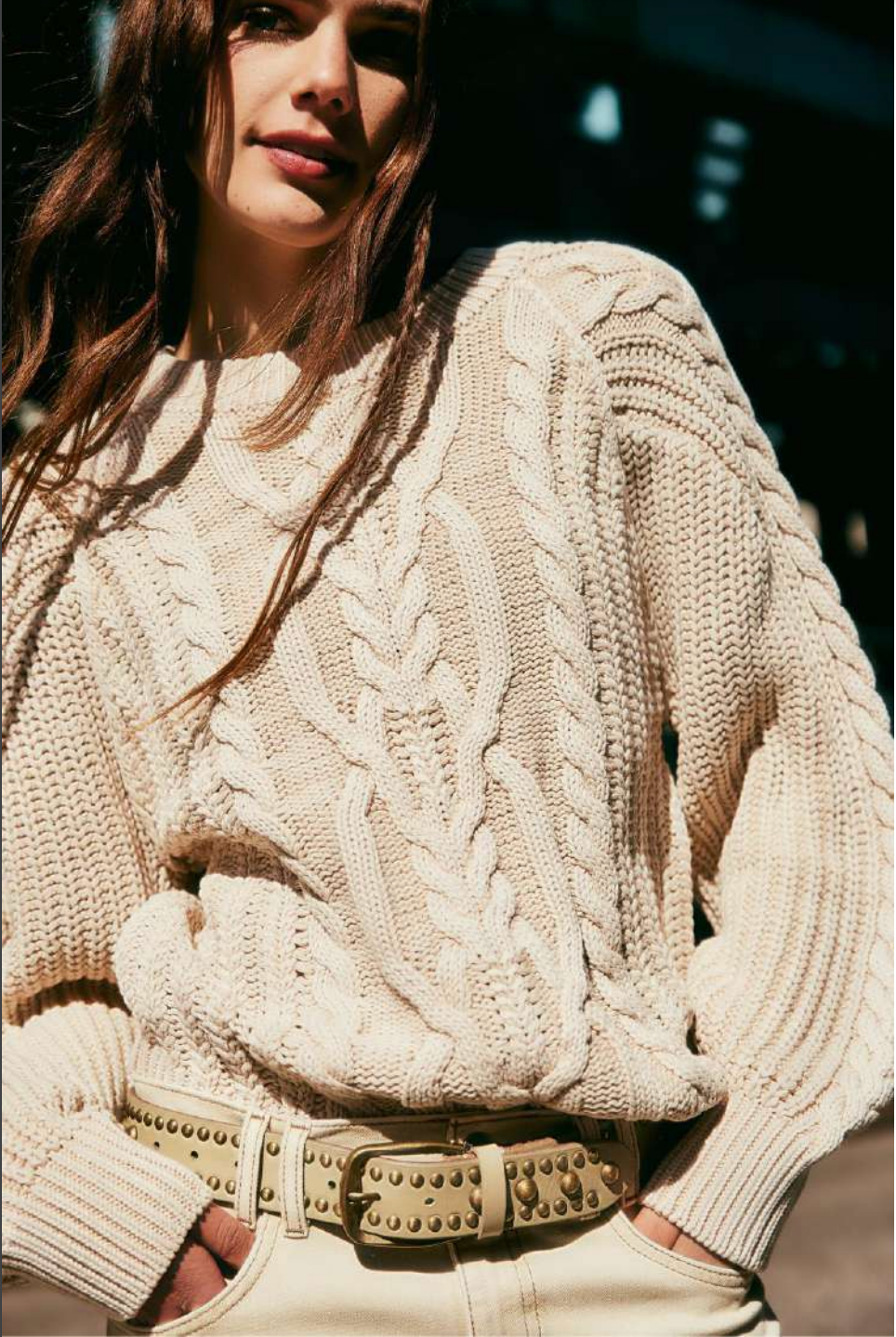 Free People Frankie Cable Knit Cotton Crewneck Sweater