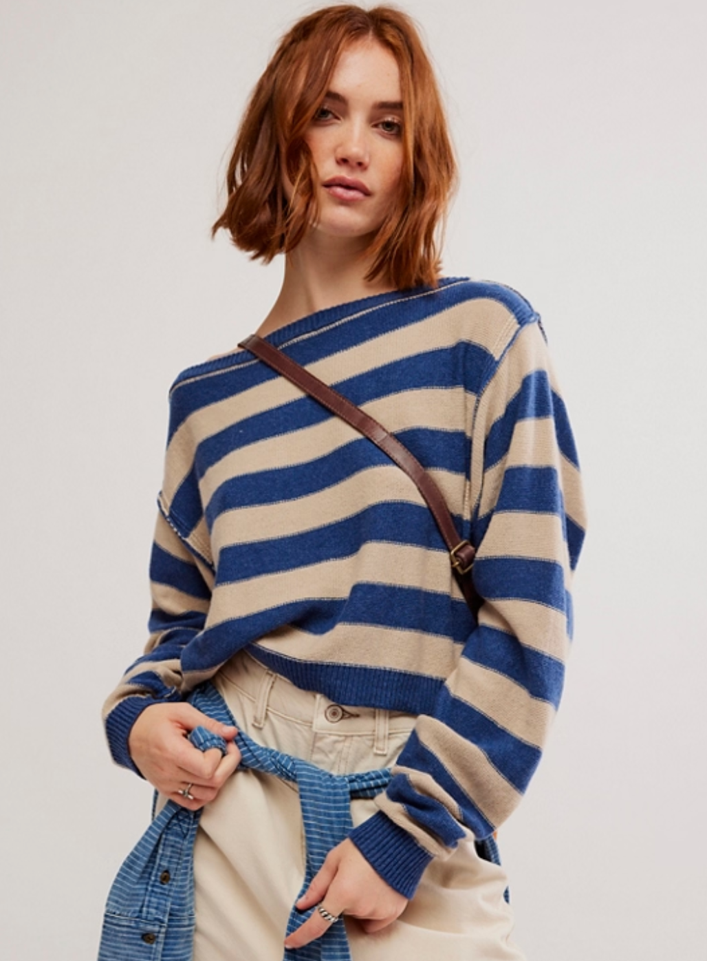 We the Free People Striped Into the Blue Pullover Cotton Crewneck Sweater