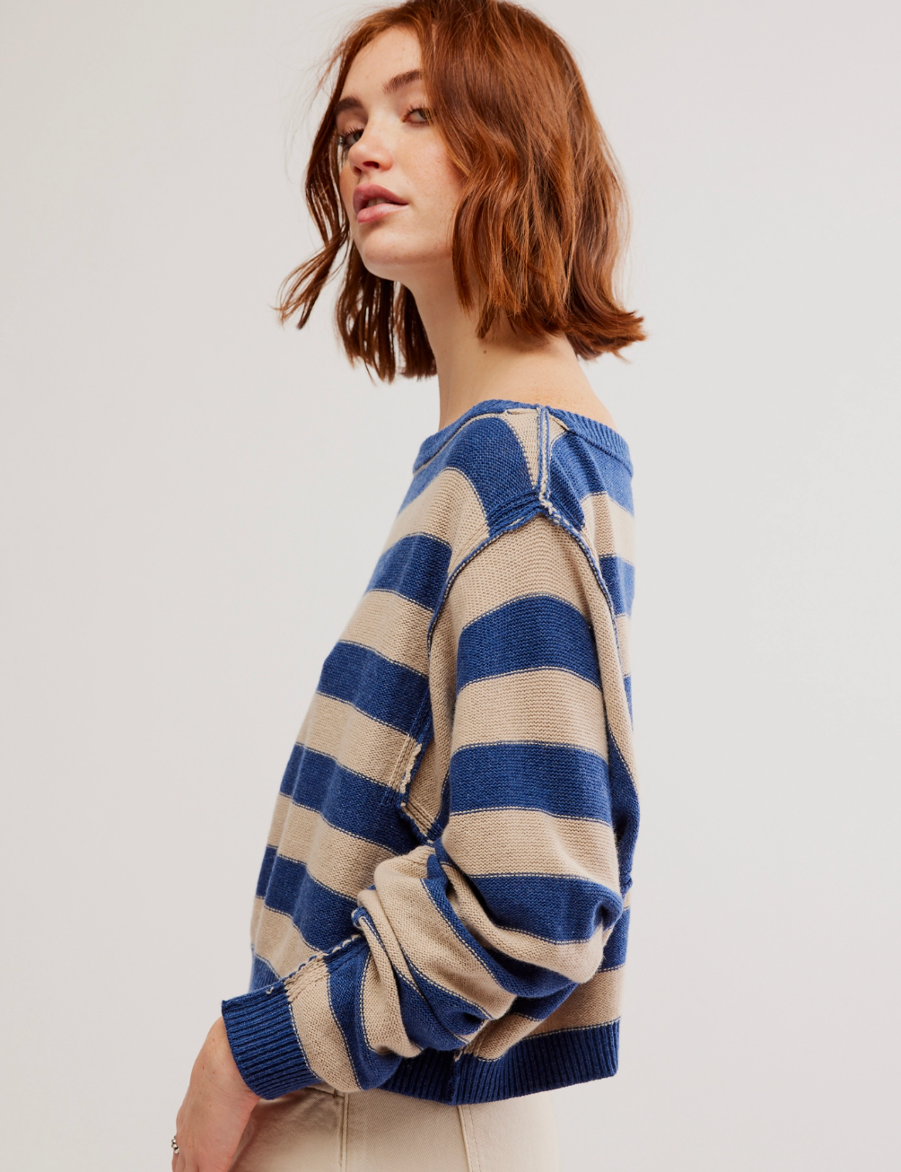 We the Free People Striped Into the Blue Pullover Cotton Crewneck Sweater