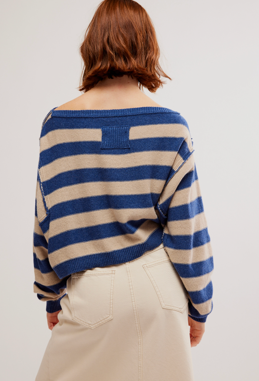 We the Free People Striped Into the Blue Pullover Cotton Crewneck Sweater