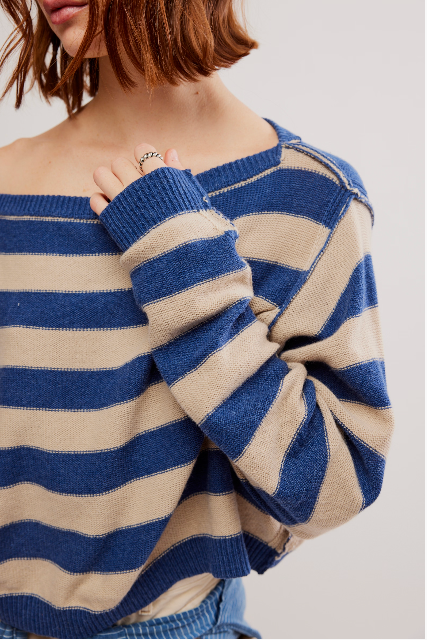 We the Free People Striped Into the Blue Pullover Cotton Crewneck Sweater