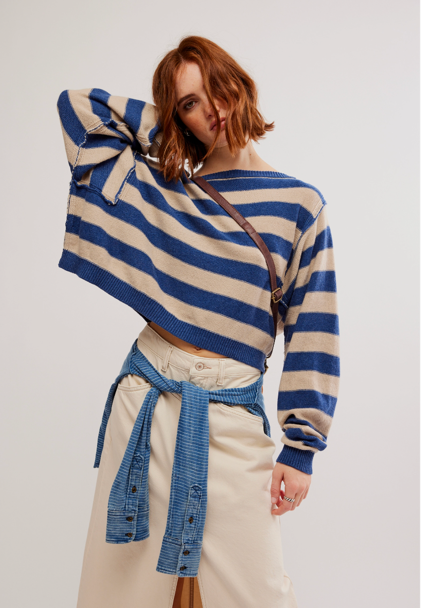 We the Free People Striped Into the Blue Pullover Cotton Crewneck Sweater