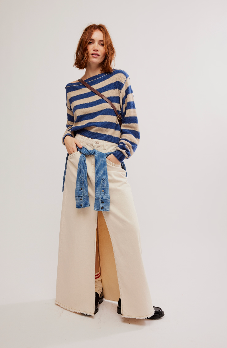 We the Free People Striped Into the Blue Pullover Cotton Crewneck Sweater