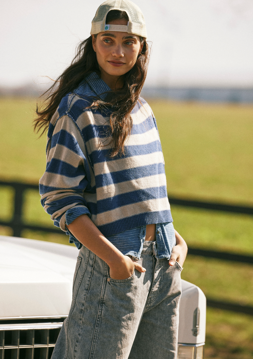 We the Free People Striped Into the Blue Pullover Cotton Crewneck Sweater