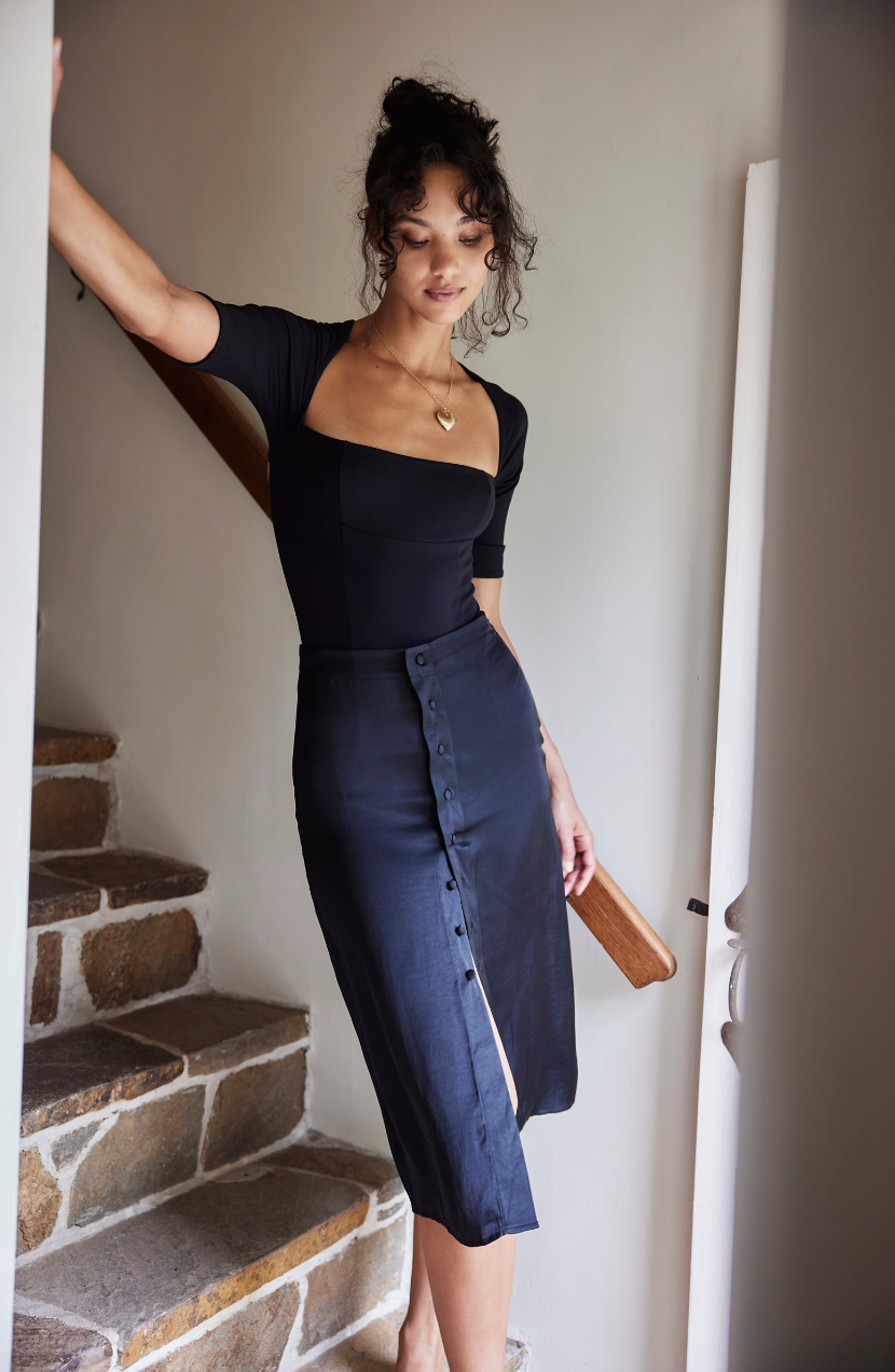 Free People Analise Satin Black Midi Skirt