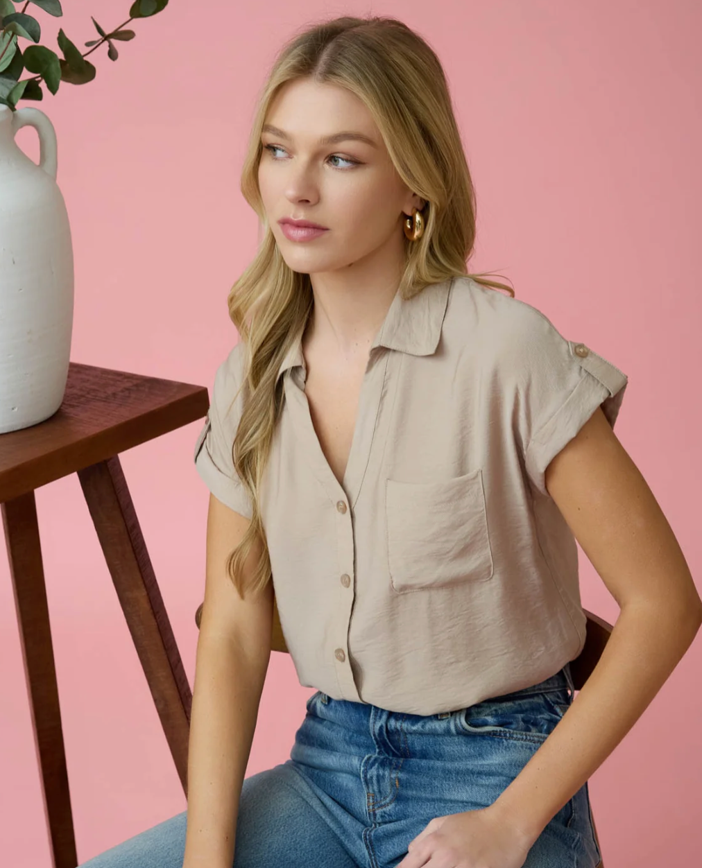 Mocha Short Sleeve Button down shirt