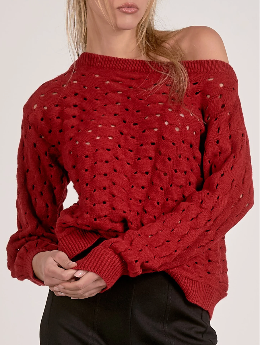 Adrienne Red Crochet Off the Shoulder Sweater